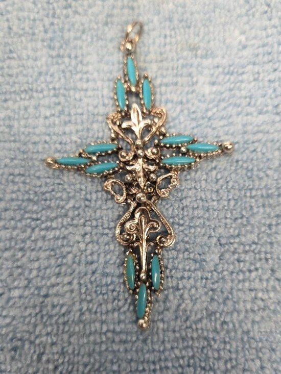 Large Auth Zuni Cross Pendant Chain Sterling Silver Turquoise Needlepoint - Picture 1 of 10